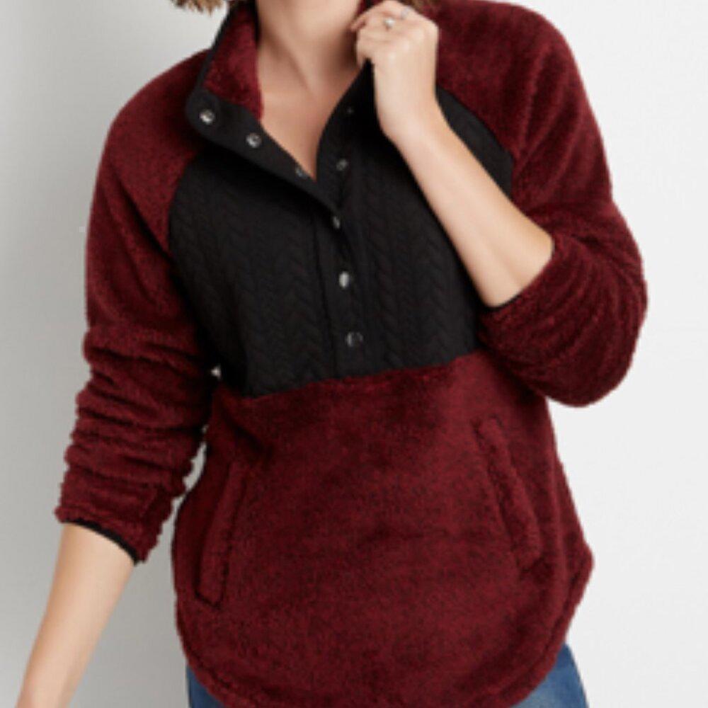 Maurices Burgandy Quilted Front Snap Sherpa Pullover Size XL